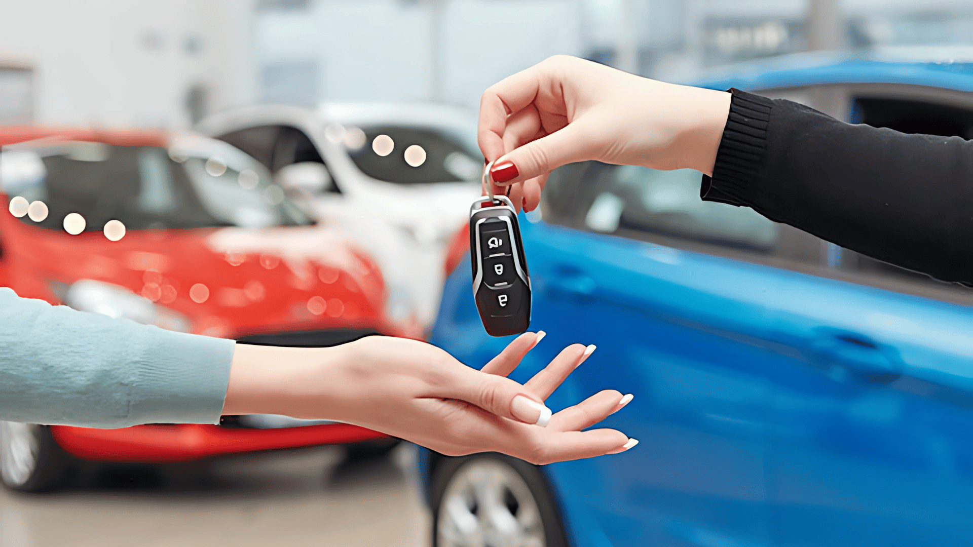Person handing over car keys to a dealership representative during a trade-in process